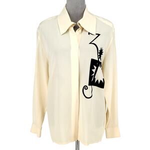 Laurel Escada Top Womens 6 Ivory Silk Blouse Embroidered Shoulder Pads Vintage